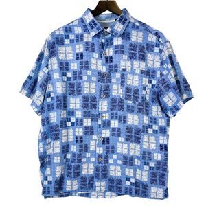 Nat Nast Mens L Silk Cotton Ocean Blue Button Down Hawaiian Shirt